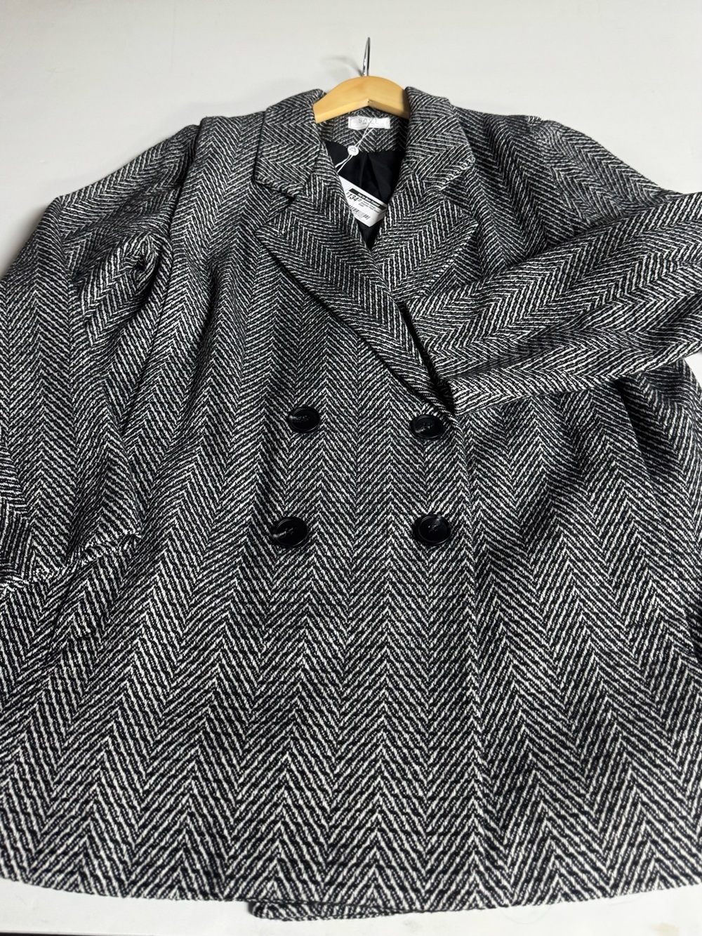Sage Black & White Herringbone Double-Breasted Pea Coat
